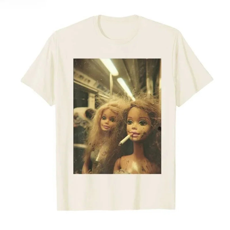 Funny Doll Meme T-Shirt Men Women Summer Subway Cigarette Scene Vintage Graphic Tee Streetwear Short Sleeve Casual Top