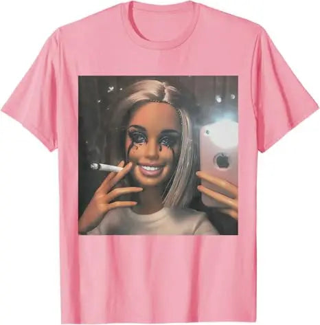 Dark Humor Doll Smoking Selfie Parody Sarcastic Joke Funny T-Shirt Novelty Gift Girls Fashion Aesthetic Clothes Streetwear Tee