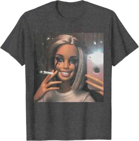 Dark Humor Doll Smoking Selfie Parody Sarcastic Joke Funny T-Shirt Novelty Gift Girls Fashion Aesthetic Clothes Streetwear Tee