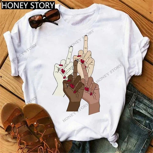 Funny Middle Finger T Shirt Gesture Middle Finger Printed Round Neck T-shirt Women Short Sleeve Harajuku