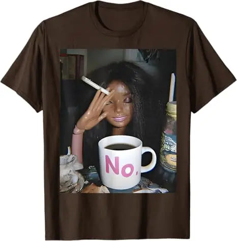 Y2k Cute Distressed Smoking Doll Face Drink Coffee Meme T-Shirt Humor Funny Doll Face Swimming Graphic Saying Tee Novelty Gift