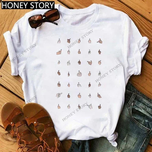 Funny Middle Finger T Shirt Gesture Middle Finger Printed Round Neck T-shirt Women Short Sleeve Harajuku