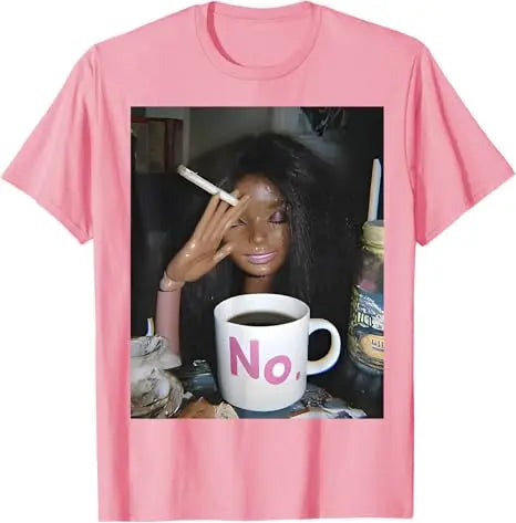 Y2k Cute Distressed Smoking Doll Face Drink Coffee Meme T-Shirt Humor Funny Doll Face Swimming Graphic Saying Tee Novelty Gift