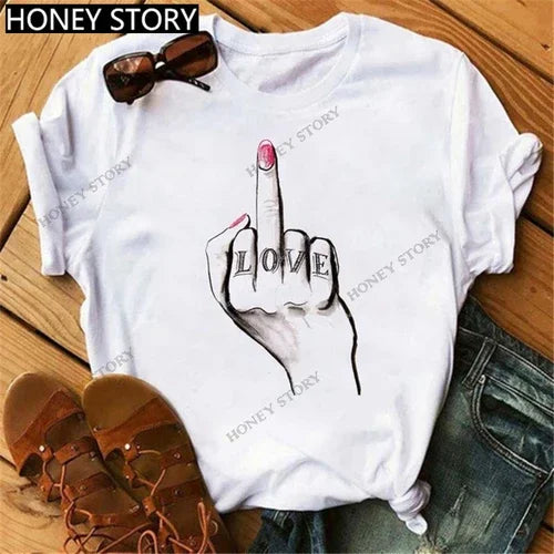 Funny Middle Finger T Shirt Gesture Middle Finger Printed Round Neck T-shirt Women Short Sleeve Harajuku