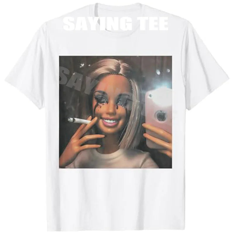 Dark Humor Doll Smoking Selfie Parody Sarcastic Joke Funny T-Shirt Novelty Gift Girls Fashion Aesthetic Clothes Streetwear Tee