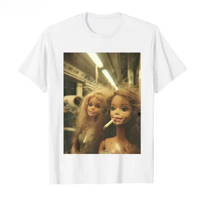 Funny Doll Meme T-Shirt Men Women Summer Subway Cigarette Scene Vintage Graphic Tee Streetwear Short Sleeve Casual Top