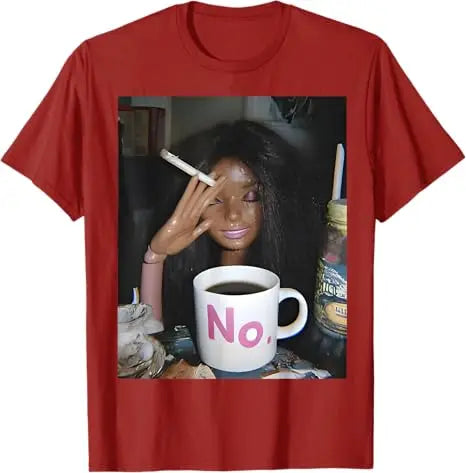 Y2k Cute Distressed Smoking Doll Face Drink Coffee Meme T-Shirt Humor Funny Doll Face Swimming Graphic Saying Tee Novelty Gift
