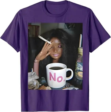 Y2k Cute Distressed Smoking Doll Face Drink Coffee Meme T-Shirt Humor Funny Doll Face Swimming Graphic Saying Tee Novelty Gift