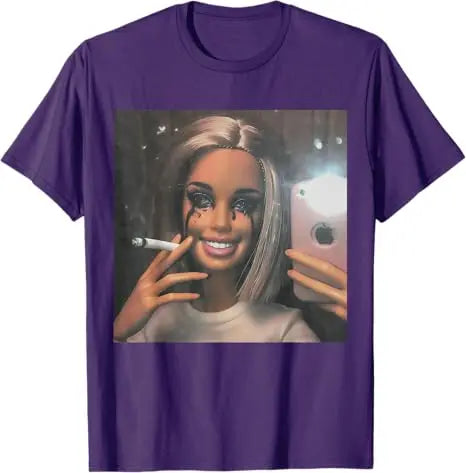 Dark Humor Doll Smoking Selfie Parody Sarcastic Joke Funny T-Shirt Novelty Gift Girls Fashion Aesthetic Clothes Streetwear Tee