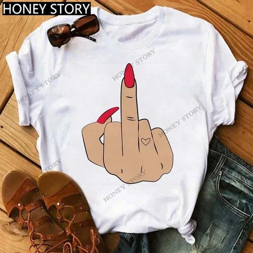 Funny Middle Finger T Shirt Gesture Middle Finger Printed Round Neck T-shirt Women Short Sleeve Harajuku