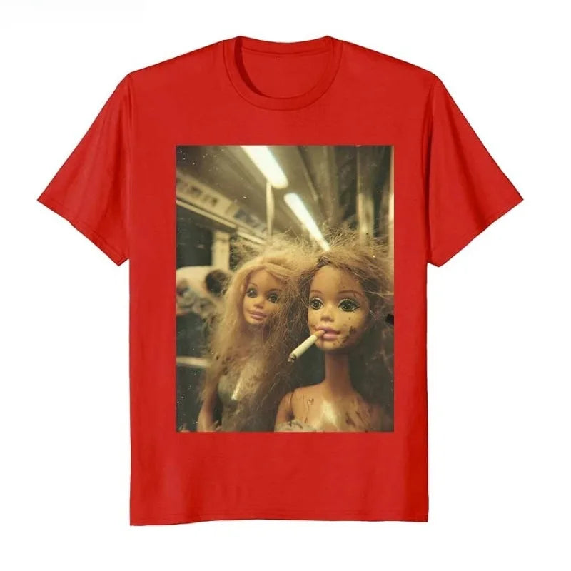 Funny Doll Meme T-Shirt Men Women Summer Subway Cigarette Scene Vintage Graphic Tee Streetwear Short Sleeve Casual Top