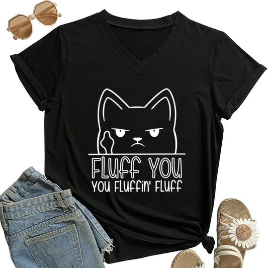 Middle Finger Cat You Fluffin Fluff Print T Shirt Women V Neck Vintage Tshirt Short Sleeve Tee Funny Animal Cats Women T-shirt