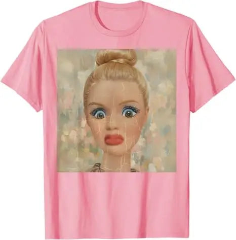 Y2k Cute Distressed Smoking Doll Face Drink Coffee Meme T-Shirt Humor Funny Doll Face Swimming Graphic Saying Tee Novelty Gift